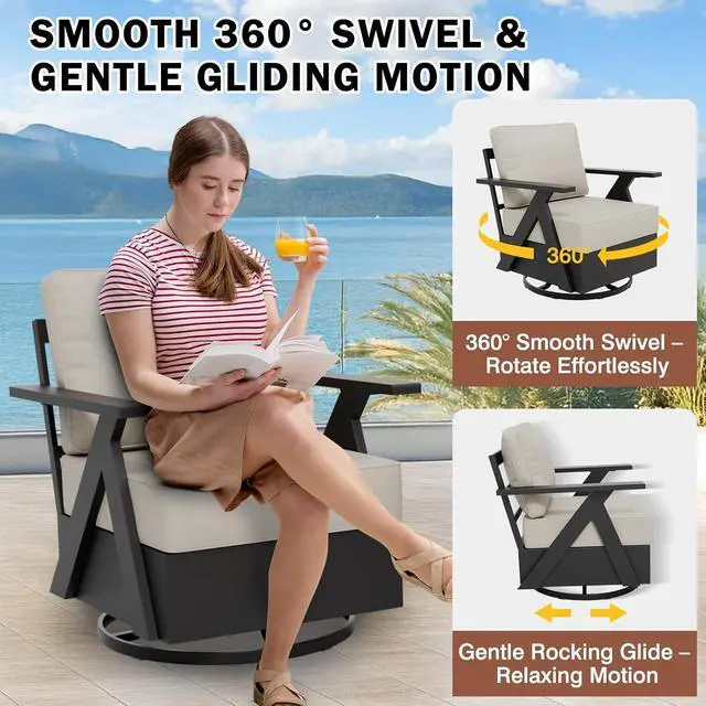 Alt view image 6 of 7 - Urban Slate Modern Swivel Rocker Patio Chair Set of 2 Outdoor Lounge Chairs, Weather Resistant Cushions Rust Resistant Frame for Backyard Deck Porch, Black/Beige