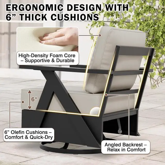 Alt view image 7 of 7 - Urban Slate Modern Swivel Rocker Patio Chair Set of 4 Outdoor Lounge Chairs, Weather Resistant Cushions Rust Resistant Frame for Backyard Deck Porch, Black/Beige