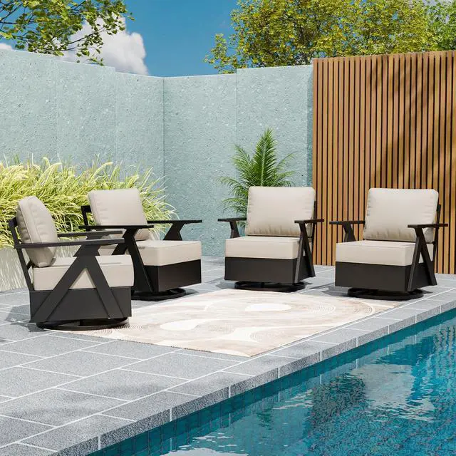 Alt view image 5 of 7 - Urban Slate Modern Swivel Rocker Patio Chair Set of 4 Outdoor Lounge Chairs, Weather Resistant Cushions Rust Resistant Frame for Backyard Deck Porch, Black/Beige