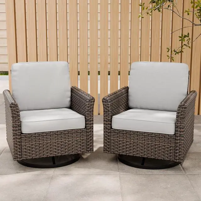Main image of Ocean Vista Outdoor Wicker Patio Chairs Deep Cushions Weather Resistant Rattan Furniture, Set of 2 Swivel Rocking Chairs, Brown/Beige
