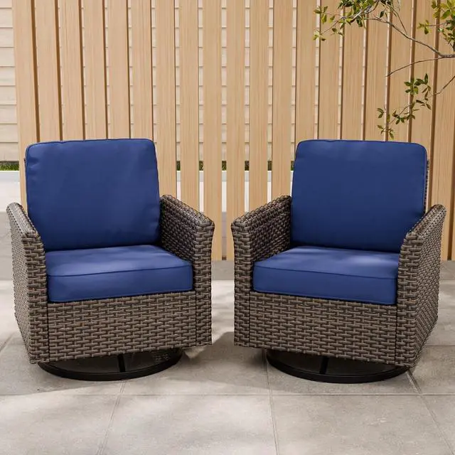 Main image of Ocean Vista Outdoor Wicker Patio Chairs Deep Cushions Weather Resistant Rattan Furniture, Set of 2 Swivel Rocking Chairs, Brown/Blue