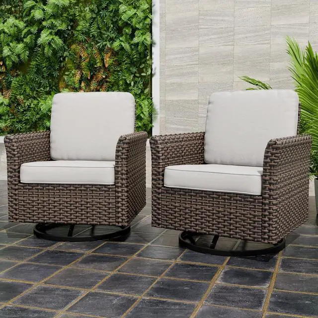 Alt view image 6 of 7 - Ocean Vista Outdoor Wicker Patio Chairs Deep Cushions Weather Resistant Rattan Furniture, Set of 2 Swivel Rocking Chairs, Brown/Beige