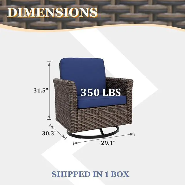Alt view image 2 of 7 - Ocean Vista Outdoor Wicker Patio Chairs Deep Cushions Weather Resistant Rattan Furniture, Set of 2 Swivel Rocking Chairs, Brown/Blue