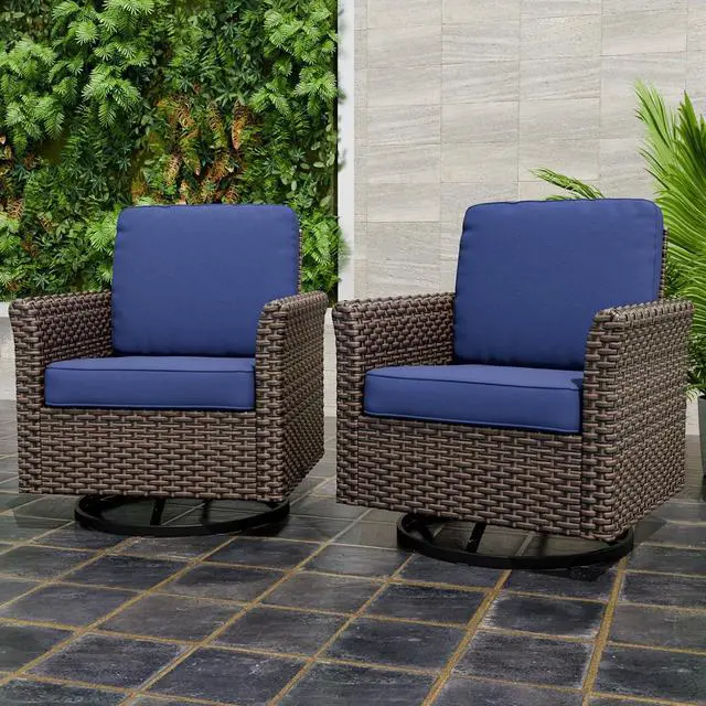 Alt view image 6 of 7 - Ocean Vista Outdoor Wicker Patio Chairs Deep Cushions Weather Resistant Rattan Furniture, Set of 2 Swivel Rocking Chairs, Brown/Blue