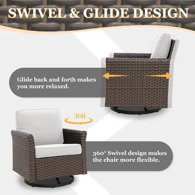 Alt view image 7 of 7 - Ocean Vista Outdoor Wicker Patio Chairs Deep Cushions Weather Resistant Rattan Furniture, Set of 2 Swivel Rocking Chairs, Brown/Beige