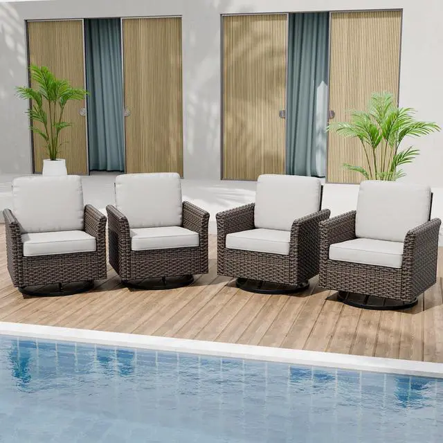 Main image of Ocean Vista Outdoor Wicker Patio Chairs Deep Cushions Weather Resistant Rattan Furniture, Set of 4 Swivel Rocking Chairs, Brown/Beige