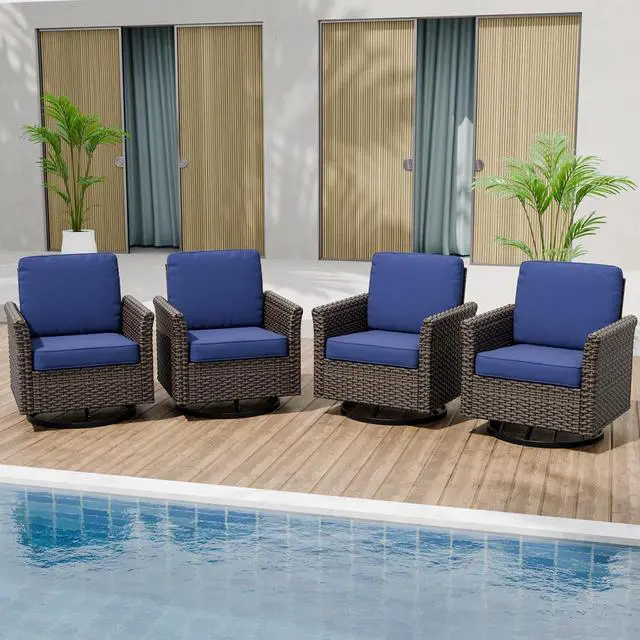 Main image of Ocean Vista Outdoor Wicker Patio Chairs Deep Cushions Weather Resistant Rattan Furniture, Set of 4 Swivel Rocking Chairs, Brown/Blue