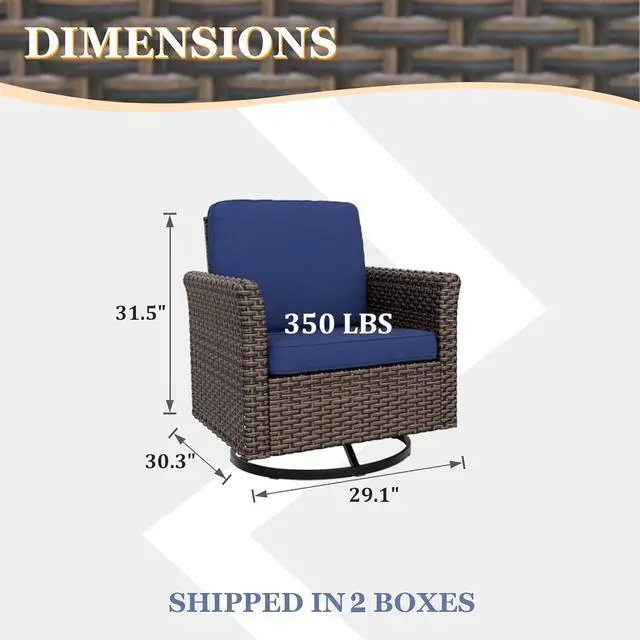 Alt view image 2 of 7 - Ocean Vista Outdoor Wicker Patio Chairs Deep Cushions Weather Resistant Rattan Furniture, Set of 4 Swivel Rocking Chairs, Brown/Blue