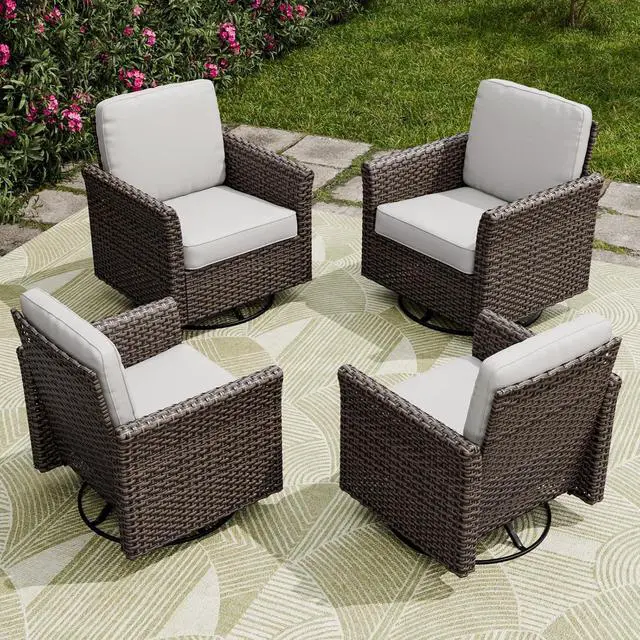 Alt view image 6 of 7 - Ocean Vista Outdoor Wicker Patio Chairs Deep Cushions Weather Resistant Rattan Furniture, Set of 4 Swivel Rocking Chairs, Brown/Beige