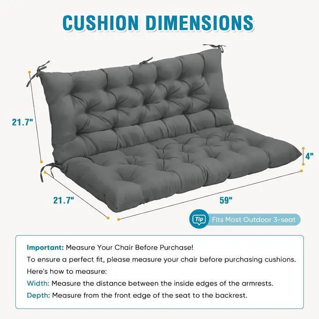 Alt view image 3 of 7 - Outdoor Porch Swing Cushion, 2-3 Seater Patio Bench Seat Cushion for Outdoor Furniture, 59"x43" (Gray)