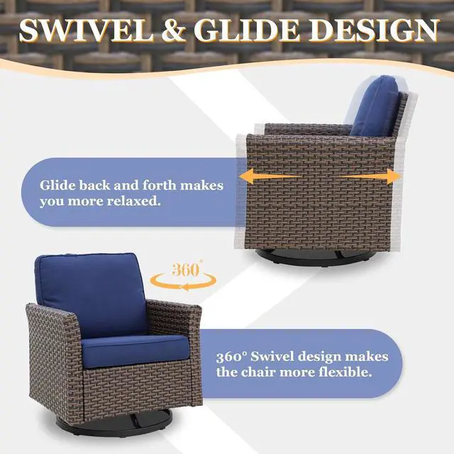 Alt view image 7 of 7 - Ocean Vista Outdoor Wicker Patio Chairs Deep Cushions Weather Resistant Rattan Furniture, Set of 2 Swivel Rocking Chairs, Brown/Blue