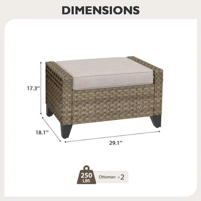 Alt view image 2 of 7 - 2 Piece Wicker Outdoor Ottoman, Patio Ottoman Foot Rest for Couch with Removable Cushions for Patio, Deck, Backyard and Poolside, Brown/Gray