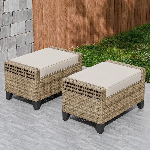 Main image of 2 Piece Wicker Outdoor Ottoman, Patio Ottoman Foot Rest for Couch with Removable Cushions for Patio, Deck, Backyard and Poolside, Brown/Gray