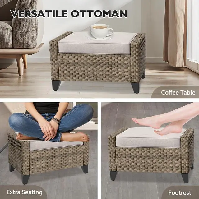 Alt view image 4 of 7 - 2 Piece Wicker Outdoor Ottoman, Patio Ottoman Foot Rest for Couch with Removable Cushions for Patio, Deck, Backyard and Poolside, Brown/Gray