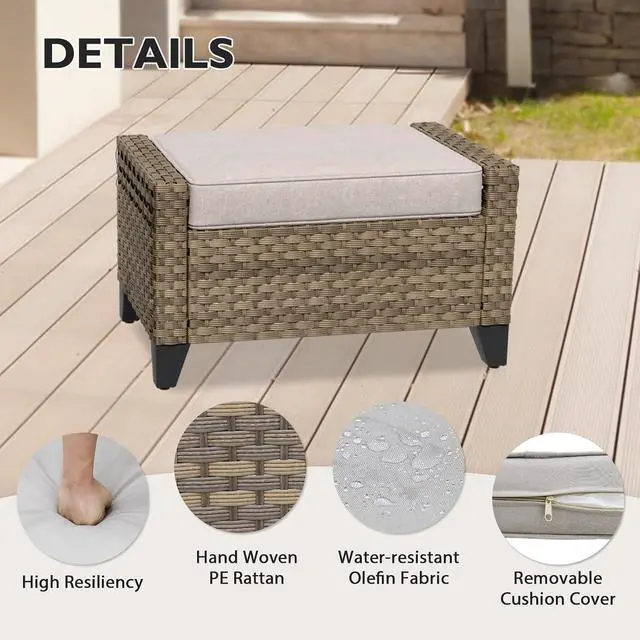 Alt view image 3 of 7 - 2 Piece Wicker Outdoor Ottoman, Patio Ottoman Foot Rest for Couch with Removable Cushions for Patio, Deck, Backyard and Poolside, Brown/Gray