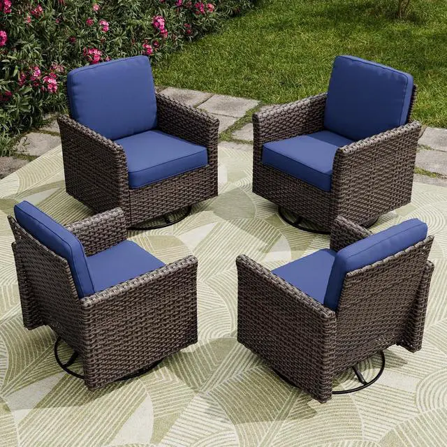 Alt view image 7 of 7 - Ocean Vista Outdoor Wicker Patio Chairs Deep Cushions Weather Resistant Rattan Furniture, Set of 4 Swivel Rocking Chairs, Brown/Blue