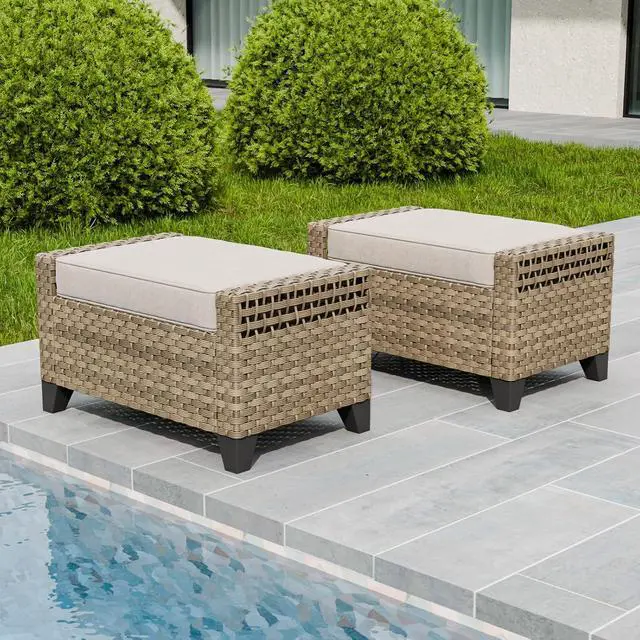 Alt view image 5 of 7 - 2 Piece Wicker Outdoor Ottoman, Patio Ottoman Foot Rest for Couch with Removable Cushions for Patio, Deck, Backyard and Poolside, Brown/Gray