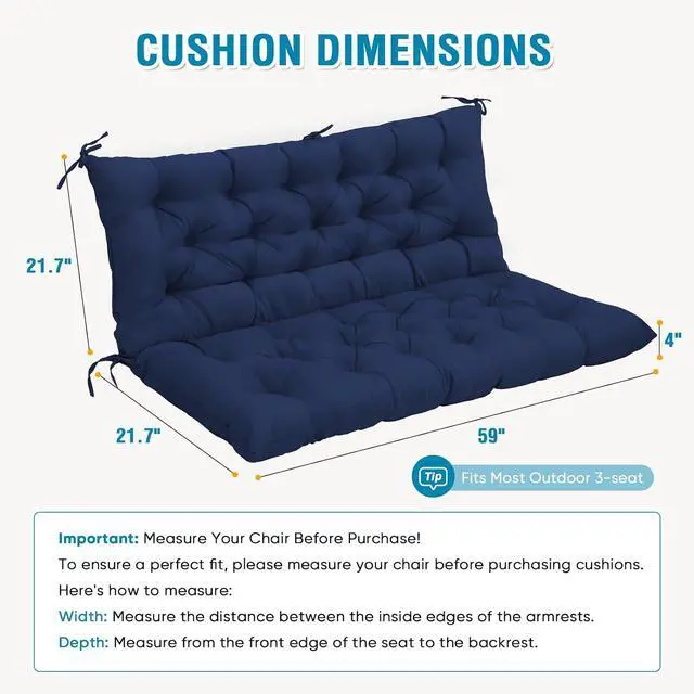 Alt view image 3 of 7 - Outdoor Porch Swing Cushion, 2-3 Seater Patio Bench Seat Cushion for Outdoor Furniture, 59"x43" (Dark Blue)