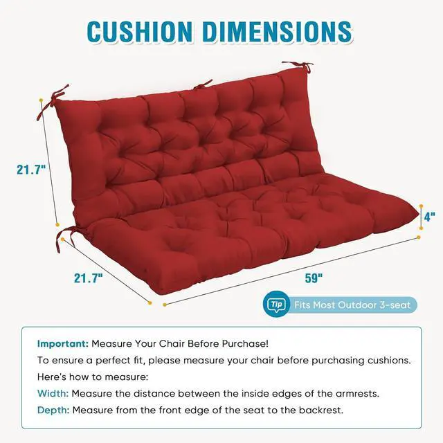 Alt view image 3 of 7 - Outdoor Porch Swing Cushion, 2-3 Seater Patio Bench Seat Cushion for Outdoor Furniture, 59"x43" (Red)
