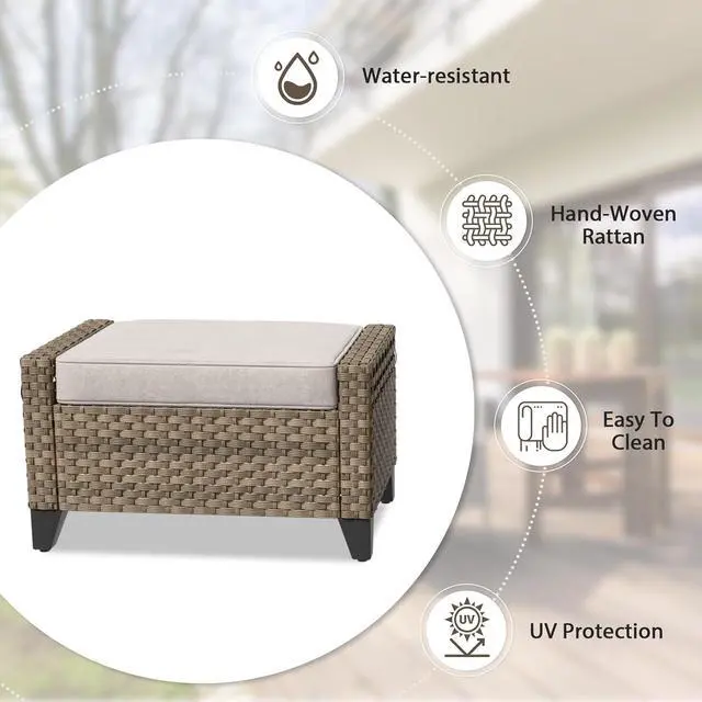 Alt view image 6 of 7 - 2 Piece Wicker Outdoor Ottoman, Patio Ottoman Foot Rest for Couch with Removable Cushions for Patio, Deck, Backyard and Poolside, Brown/Gray