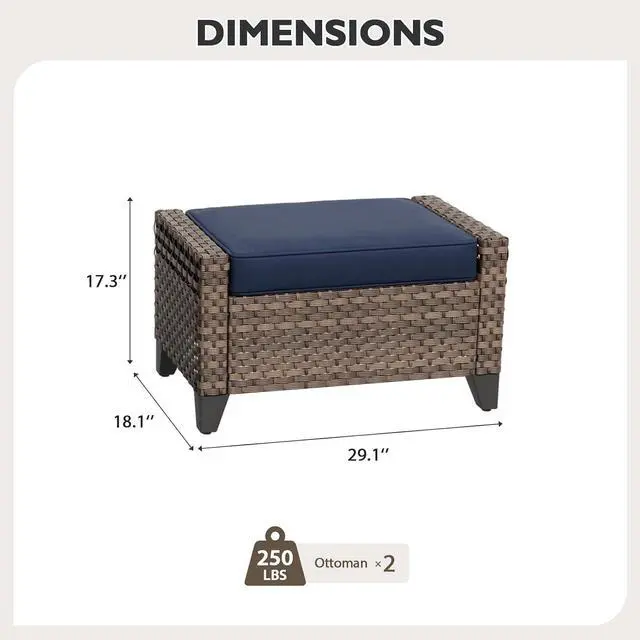 Alt view image 2 of 7 - 2 Piece Wicker Outdoor Ottoman, Patio Ottoman Foot Rest for Couch with Removable Cushions for Patio, Deck, Backyard and Poolside, Brown/Blue