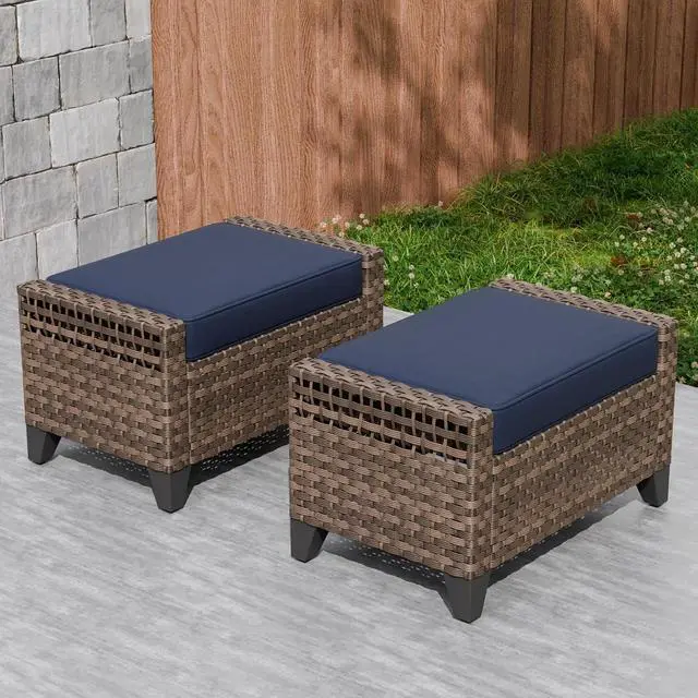 Main image of 2 Piece Wicker Outdoor Ottoman, Patio Ottoman Foot Rest for Couch with Removable Cushions for Patio, Deck, Backyard and Poolside, Brown/Blue