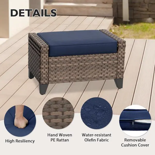 Alt view image 3 of 7 - 2 Piece Wicker Outdoor Ottoman, Patio Ottoman Foot Rest for Couch with Removable Cushions for Patio, Deck, Backyard and Poolside, Brown/Blue