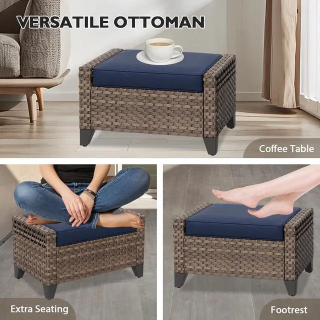Alt view image 4 of 7 - 2 Piece Wicker Outdoor Ottoman, Patio Ottoman Foot Rest for Couch with Removable Cushions for Patio, Deck, Backyard and Poolside, Brown/Blue