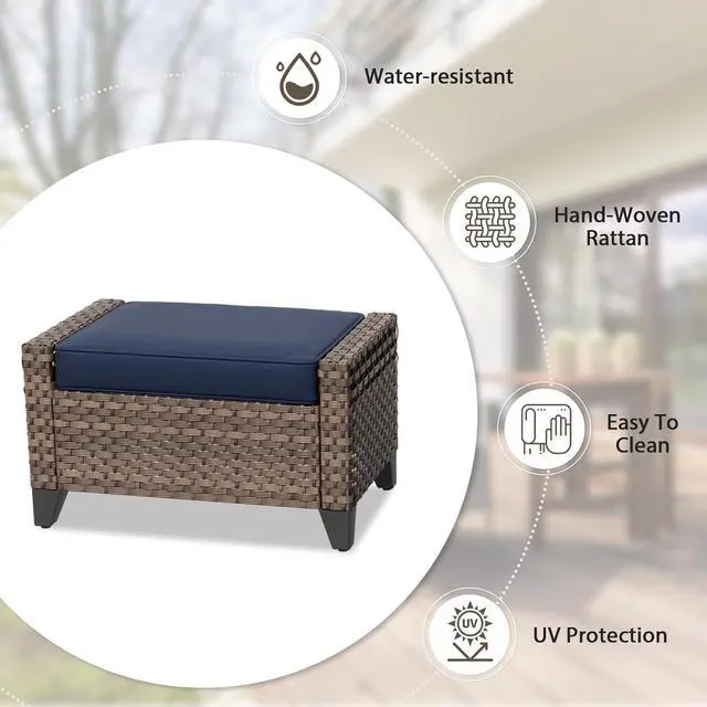 Alt view image 6 of 7 - 2 Piece Wicker Outdoor Ottoman, Patio Ottoman Foot Rest for Couch with Removable Cushions for Patio, Deck, Backyard and Poolside, Brown/Blue