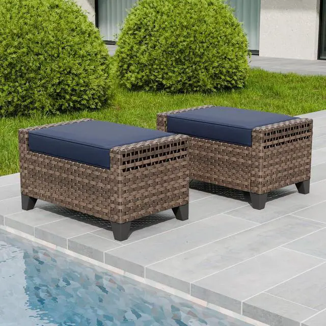 Alt view image 5 of 7 - 2 Piece Wicker Outdoor Ottoman, Patio Ottoman Foot Rest for Couch with Removable Cushions for Patio, Deck, Backyard and Poolside, Brown/Blue