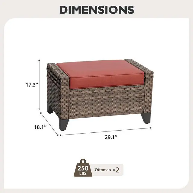 Alt view image 2 of 7 - 2 Piece Wicker Outdoor Ottoman, Patio Ottoman Foot Rest for Couch with Removable Cushions for Patio, Deck, Backyard and Poolside, Brown/Red