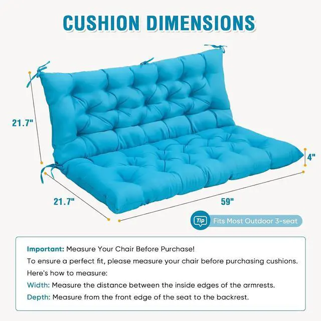 Alt view image 4 of 7 - Outdoor Porch Swing Cushion, 2-3 Seater Patio Bench Seat Cushion for Outdoor Furniture, 59"x43" (Blue)
