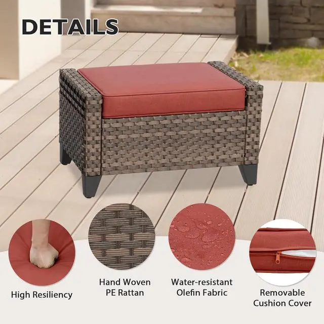 Alt view image 3 of 7 - 2 Piece Wicker Outdoor Ottoman, Patio Ottoman Foot Rest for Couch with Removable Cushions for Patio, Deck, Backyard and Poolside, Brown/Red