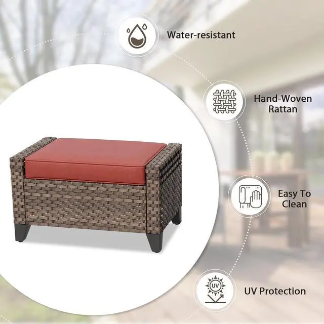 Alt view image 6 of 7 - 2 Piece Wicker Outdoor Ottoman, Patio Ottoman Foot Rest for Couch with Removable Cushions for Patio, Deck, Backyard and Poolside, Brown/Red