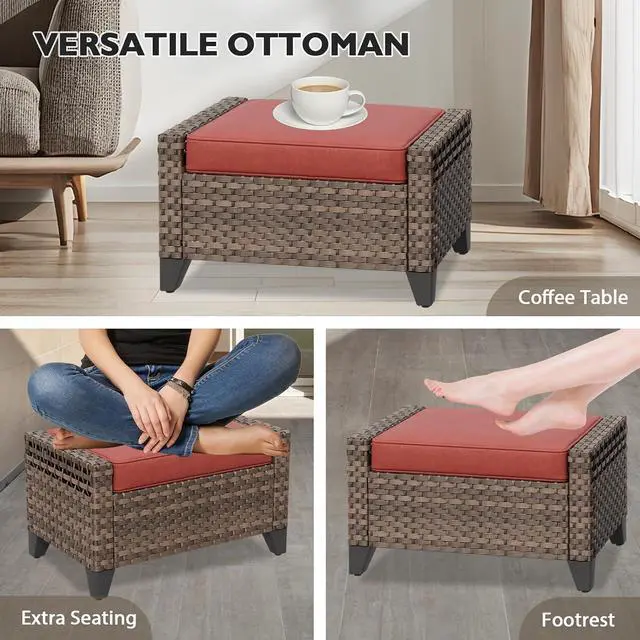 Alt view image 4 of 7 - 2 Piece Wicker Outdoor Ottoman, Patio Ottoman Foot Rest for Couch with Removable Cushions for Patio, Deck, Backyard and Poolside, Brown/Red