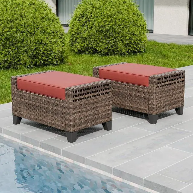Alt view image 5 of 7 - 2 Piece Wicker Outdoor Ottoman, Patio Ottoman Foot Rest for Couch with Removable Cushions for Patio, Deck, Backyard and Poolside, Brown/Red