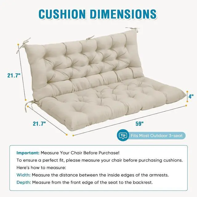 Alt view image 3 of 7 - Outdoor Porch Swing Cushion, 2-3 Seater Patio Bench Seat Cushion for Outdoor Furniture, 59"x43" (Beige)