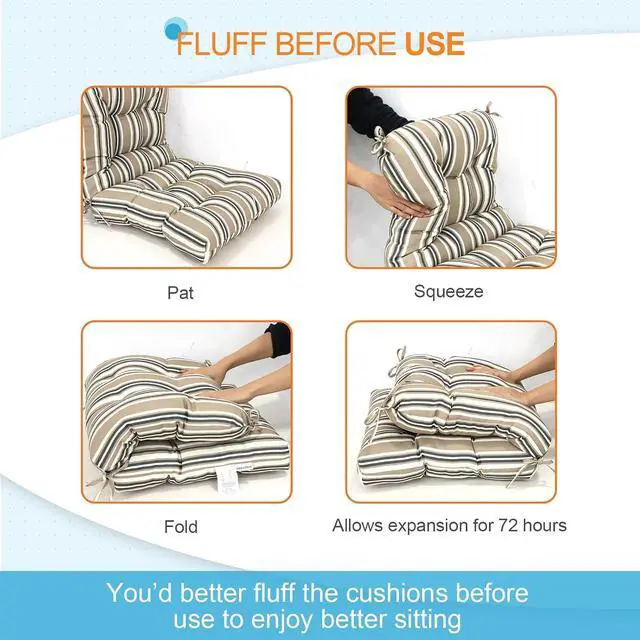 Alt view image 6 of 7 - Tufted Outdoor/Indoor Seat/Back Chair Cushion, 1 Pack, 42'' x 21'', Beige Stripe