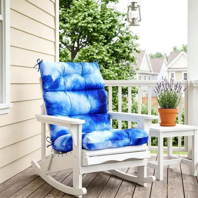 Alt view image 7 of 7 - Tufted Outdoor/Indoor High Back Patio Chair Cushions, 2 Pack, 46'' x 22'', Tie Dye Blue