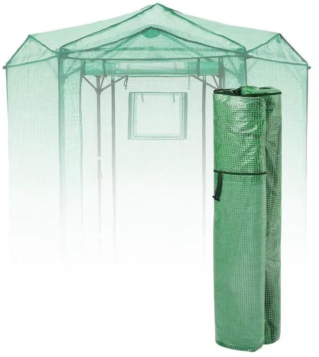 Main image of Replacement Cover for 6.6x6.6 ft Hexagon Pop up Greenhouse, Front and Rear Roll-Up Zipper Entry Doors and 2 Roll-Up Side Windows (Frame Not Included), Green