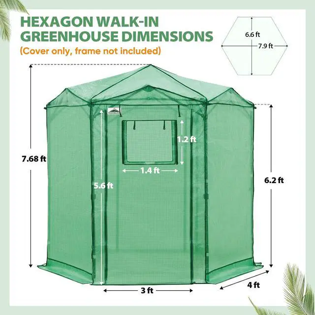 Alt view image 3 of 7 - Replacement Cover for 6.6x6.6 ft Hexagon Pop up Greenhouse, Front and Rear Roll-Up Zipper Entry Doors and 2 Roll-Up Side Windows (Frame Not Included), Green