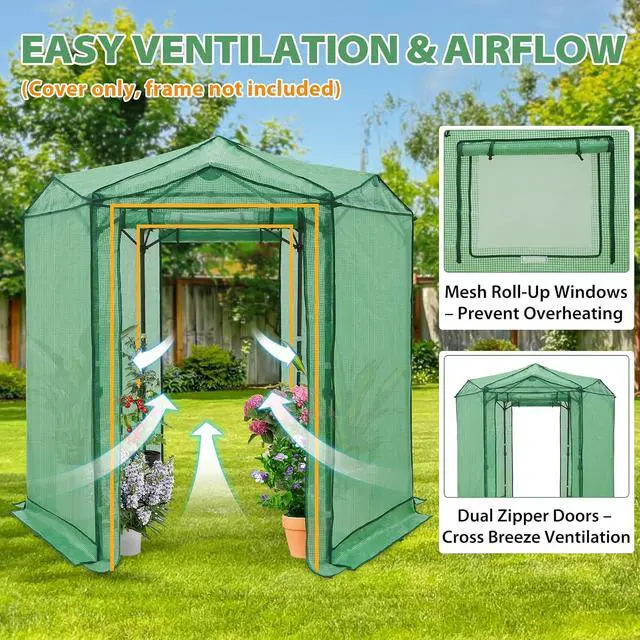 Alt view image 2 of 7 - Replacement Cover for 6.6x6.6 ft Hexagon Pop up Greenhouse, Front and Rear Roll-Up Zipper Entry Doors and 2 Roll-Up Side Windows (Frame Not Included), Green