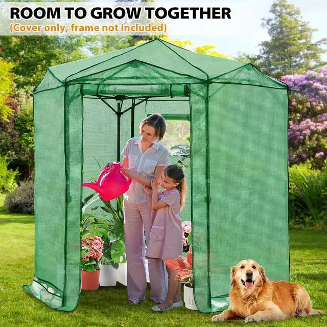 Alt view image 5 of 7 - Replacement Cover for 6.6x6.6 ft Hexagon Pop up Greenhouse, Front and Rear Roll-Up Zipper Entry Doors and 2 Roll-Up Side Windows (Frame Not Included), Green