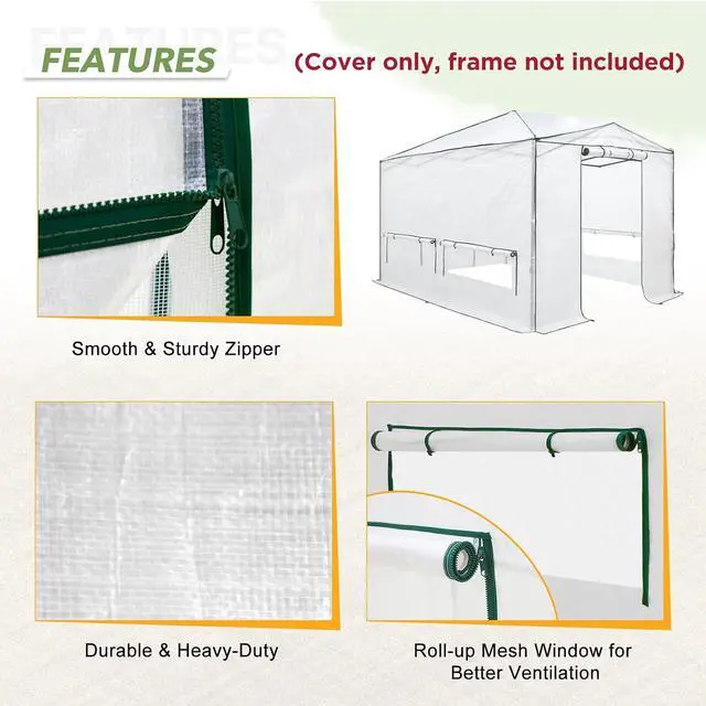 Alt view image 2 of 7 - Woven Replacement Cover for 12x8 Portable Walk-in Pop up Greenhouse, Front and Rear Roll-Up Zipper Entry Doors and 4 Roll-Up Side Windows (Frame Not Included), White