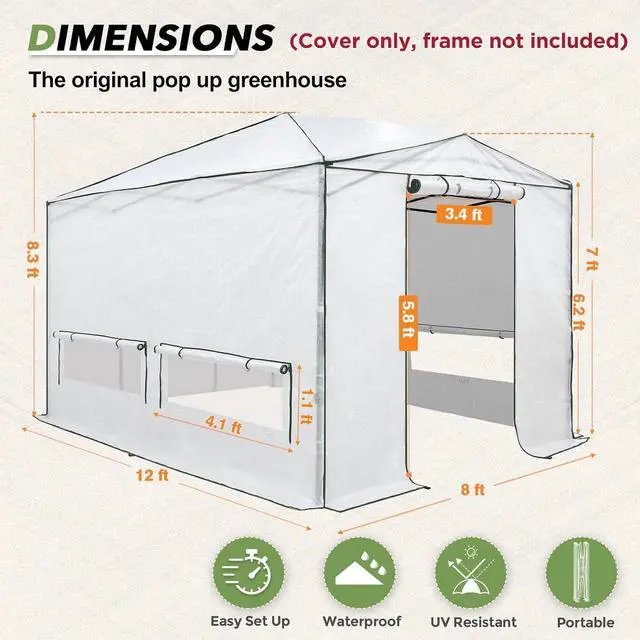 Alt view image 3 of 7 - Woven Replacement Cover for 12x8 Portable Walk-in Pop up Greenhouse, Front and Rear Roll-Up Zipper Entry Doors and 4 Roll-Up Side Windows (Frame Not Included), White