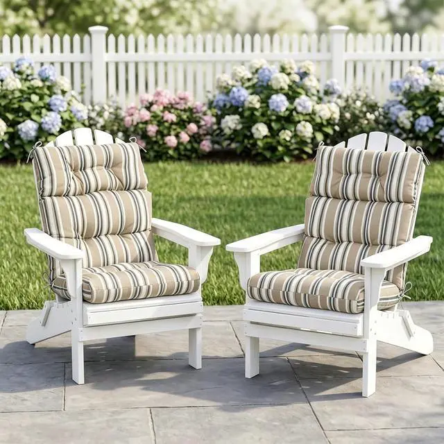 Alt view image 5 of 7 - Tufted Outdoor/Indoor High Back Patio Chair Cushions, 2 Pack, 46'' x 22'', Beige Stripes