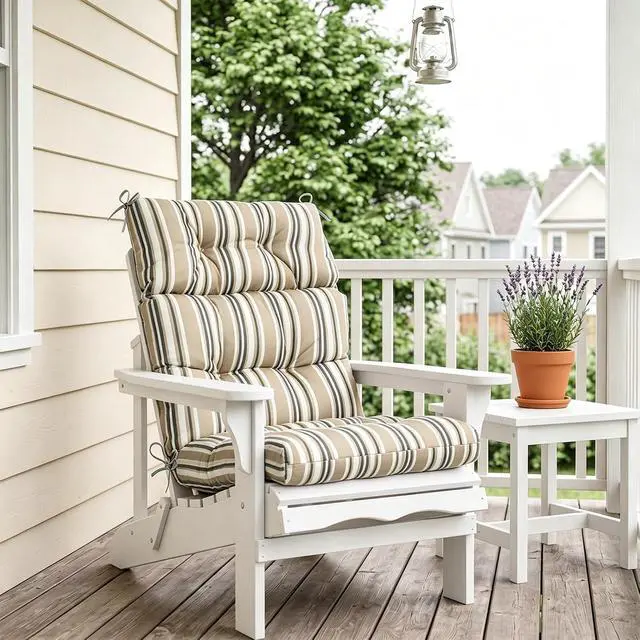 Alt view image 7 of 7 - Tufted Outdoor/Indoor High Back Patio Chair Cushions, 2 Pack, 46'' x 22'', Beige Stripes