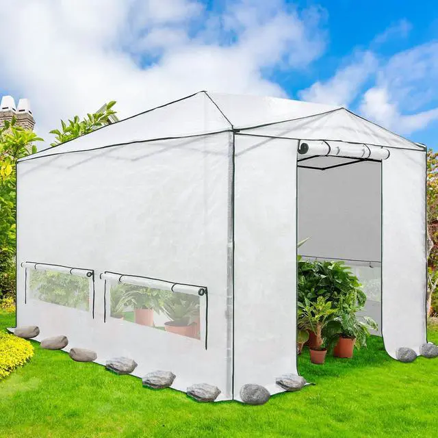 Alt view image 5 of 7 - Woven Replacement Cover for 12x8 Portable Walk-in Pop up Greenhouse, Front and Rear Roll-Up Zipper Entry Doors and 4 Roll-Up Side Windows (Frame Not Included), White