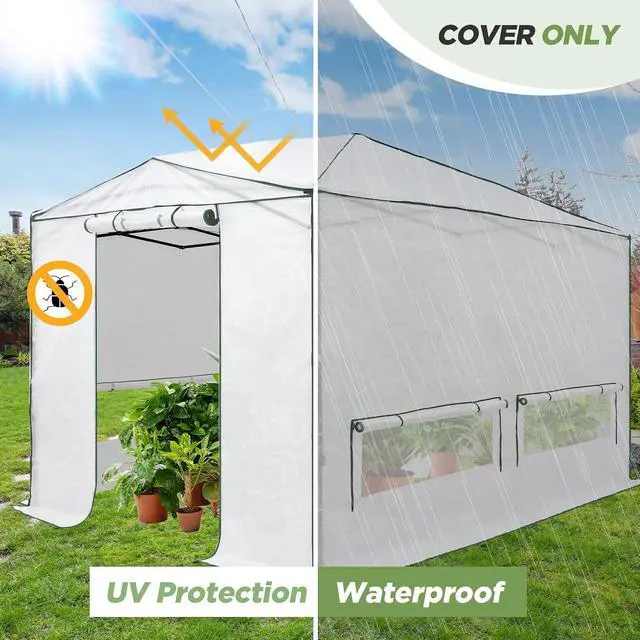 Alt view image 7 of 7 - Woven Replacement Cover for 12x8 Portable Walk-in Pop up Greenhouse, Front and Rear Roll-Up Zipper Entry Doors and 4 Roll-Up Side Windows (Frame Not Included), White