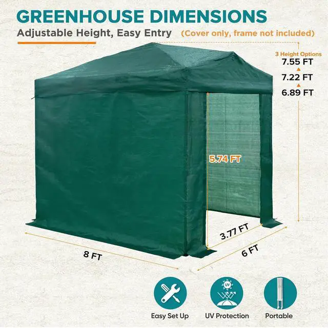 Alt view image 3 of 7 - Replacement Mesh Cover for 8x6 Portable Walk-in Pop up Greenhouse, Front and Rear Zippered Entry Doors (Frame Not Included), Green